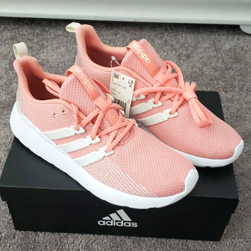 Adidas Quaster Flow Pink Running Sneakers sz 11 white strips Ortholite Float
